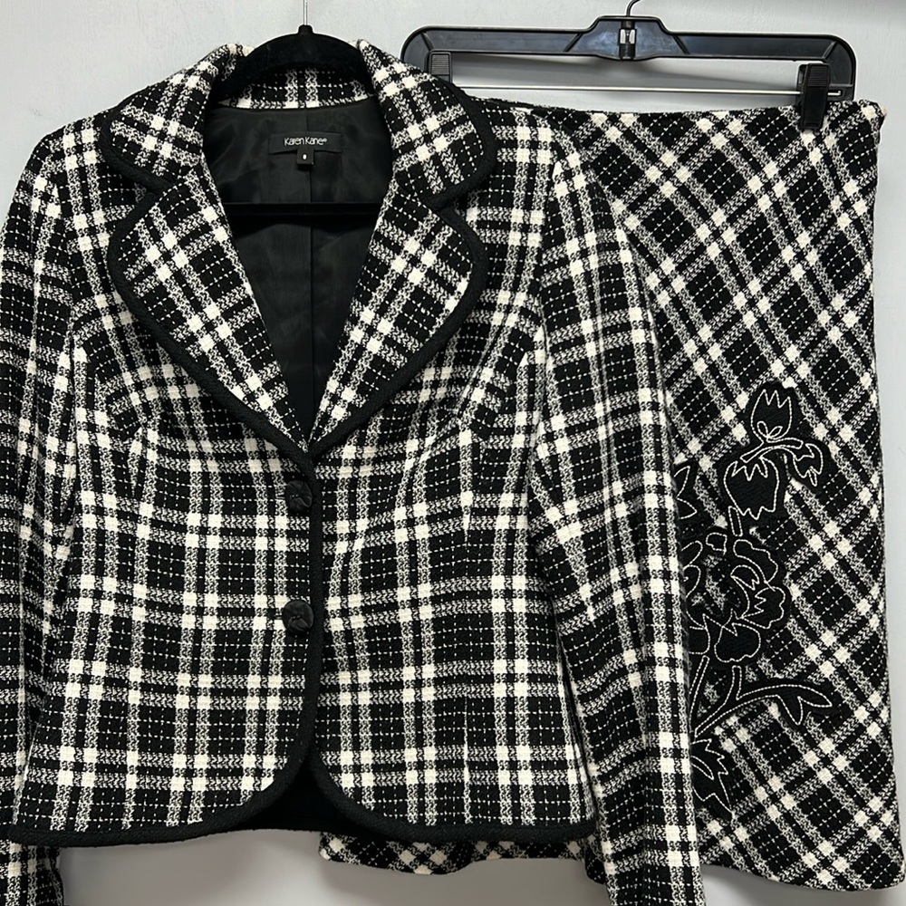 Karen Kane Black & White Plaid Wool Blend Blazer & Skirt Suit Set Size 8